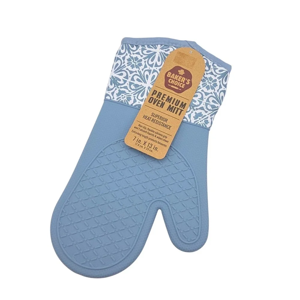 Bakers Choice‎ Blue Floral Cotton Silicone Pot Holder & Oven Mitt Set of 3 Piece